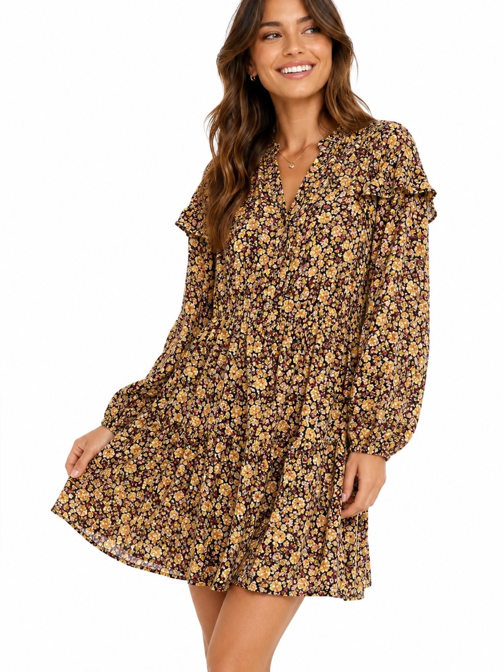 EUC MNG Mango Size 6 Fall Ruffle Tiered Floral Print Long Sleeve Dress